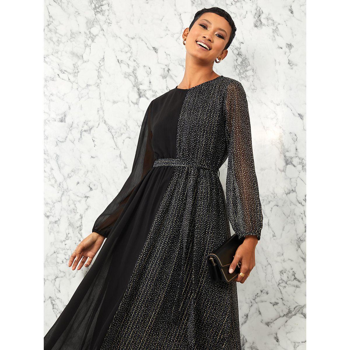 Styli Long Volume Sleeves Printed Colorblock A-Line Maxi Dress with Tie Belt-women-clothing-dresses-image-2