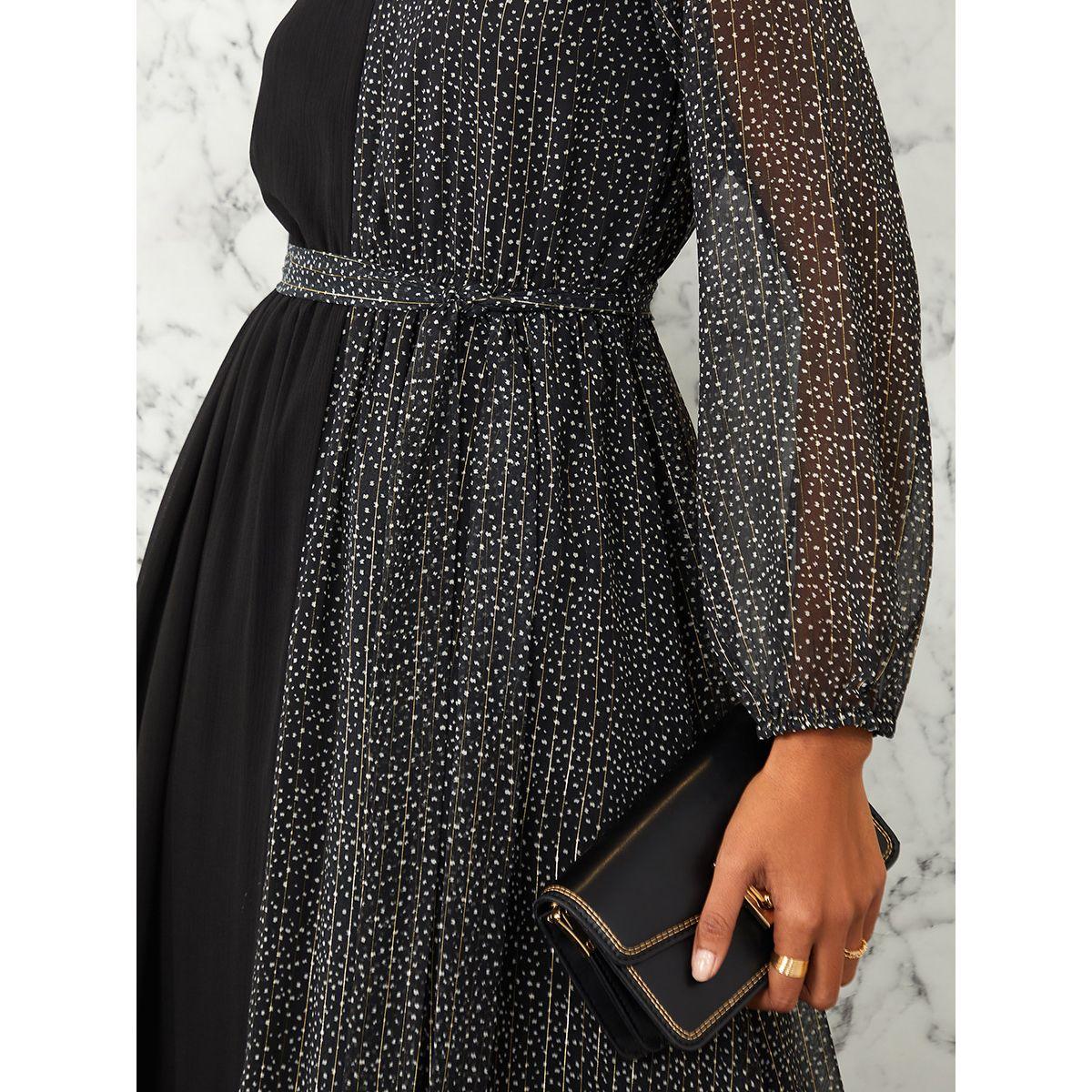 Styli Long Volume Sleeves Printed Colorblock A-Line Maxi Dress with Tie Belt-women-clothing-dresses-image-3