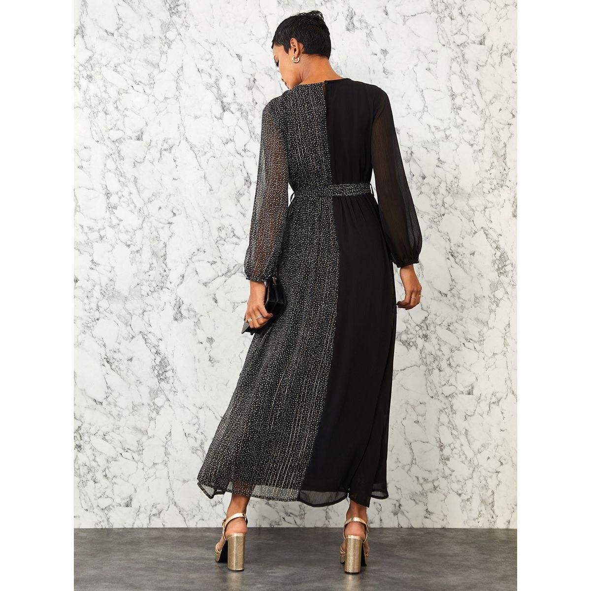 Styli Long Volume Sleeves Printed Colorblock A-Line Maxi Dress with Tie Belt-women-clothing-dresses-image-4