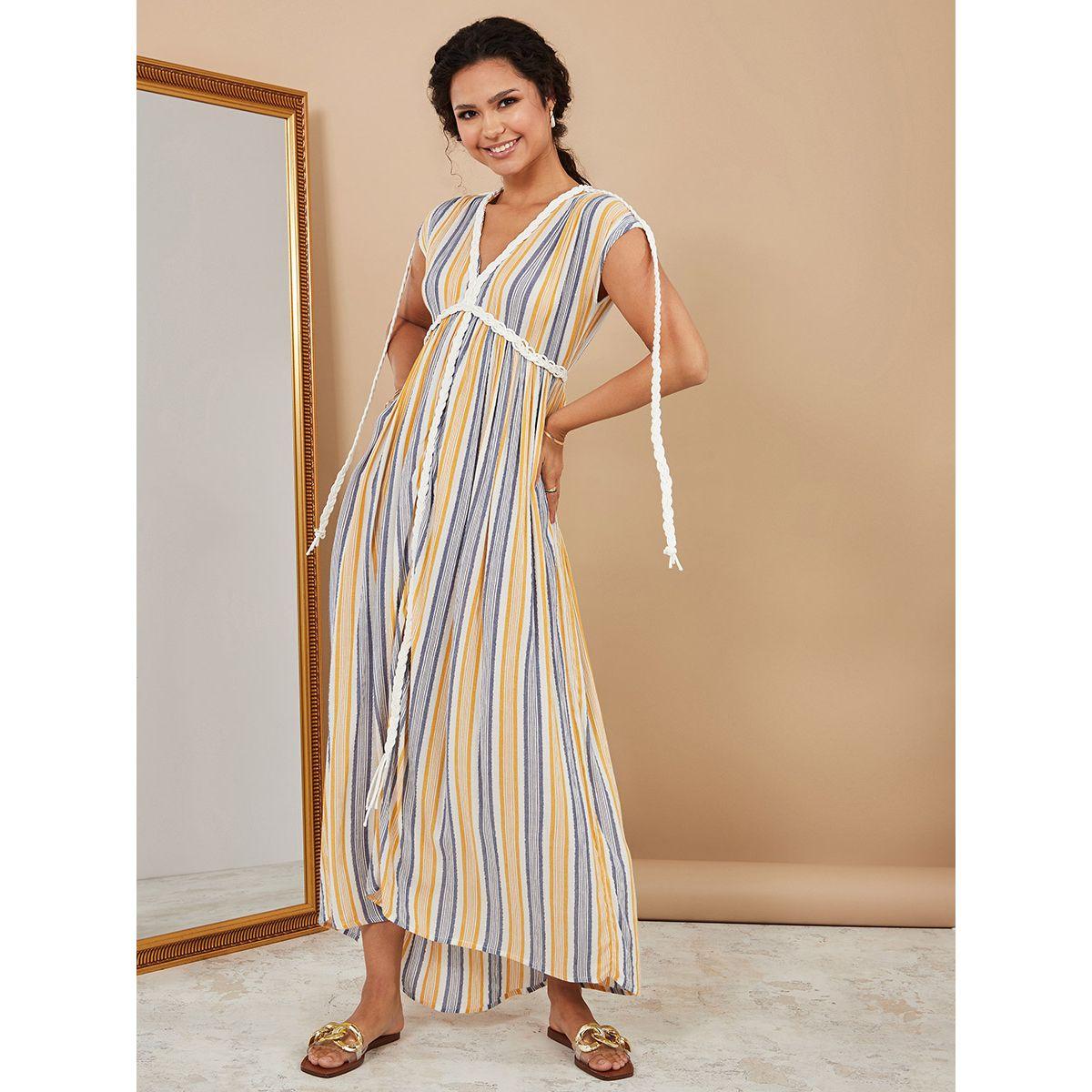 Styli Cap Sleeves Striped Braided Detail Maxi Dress with Tie Up-women-clothing-dresses-image-1