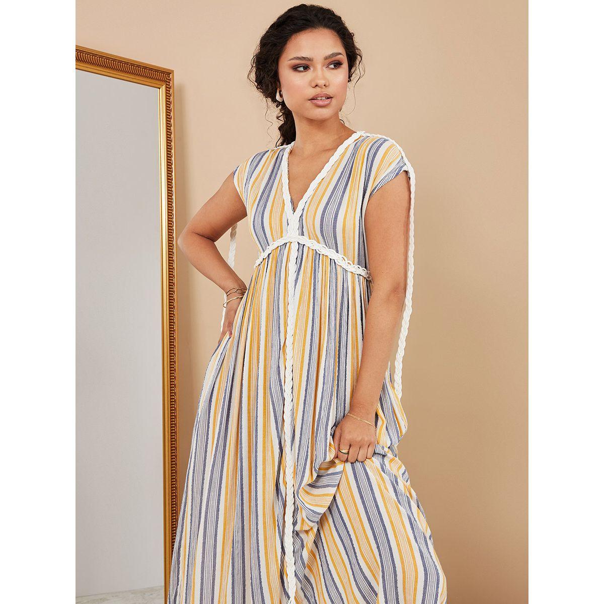 Styli Cap Sleeves Striped Braided Detail Maxi Dress with Tie Up-women-clothing-dresses-image-2