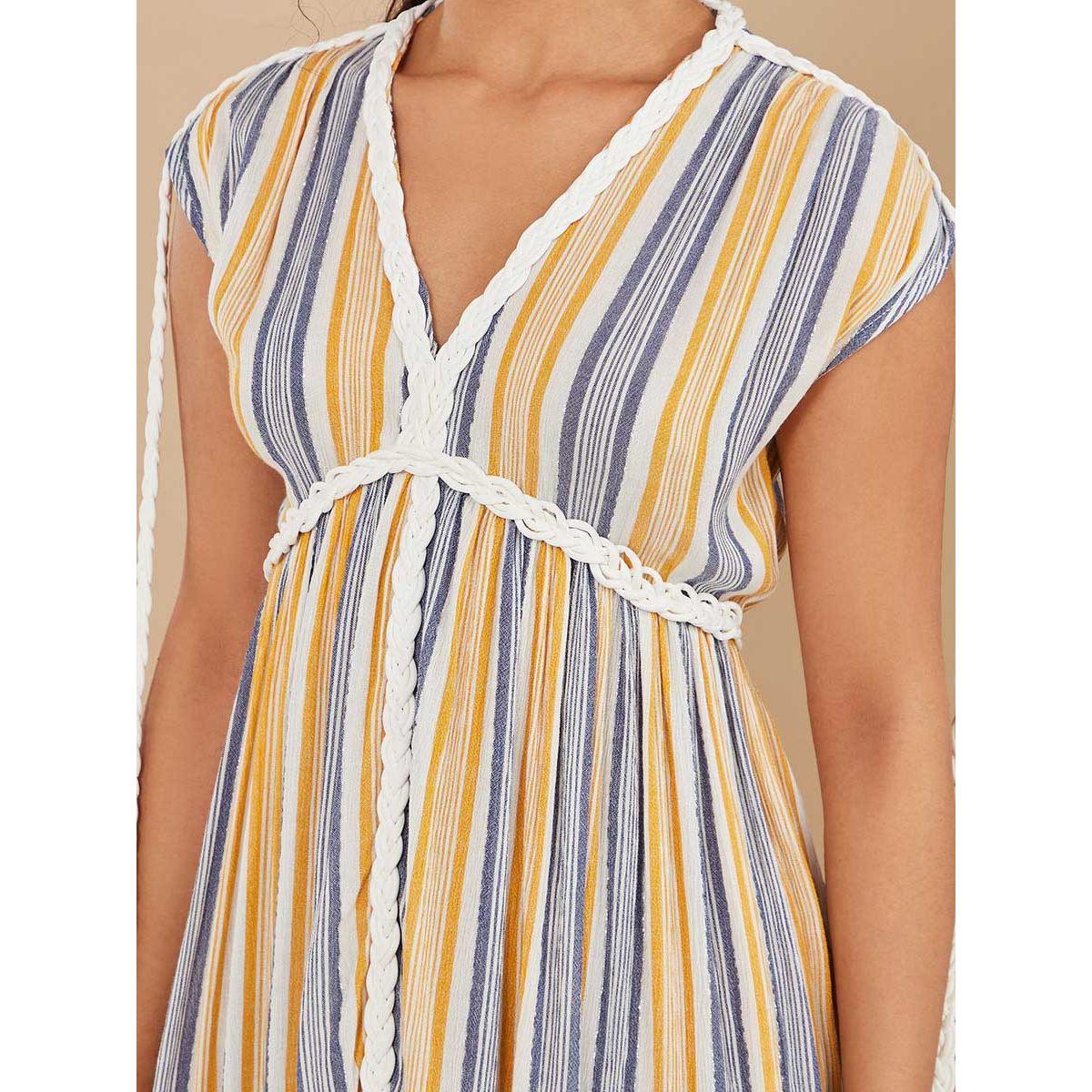Styli Cap Sleeves Striped Braided Detail Maxi Dress with Tie Up-women-clothing-dresses-image-3
