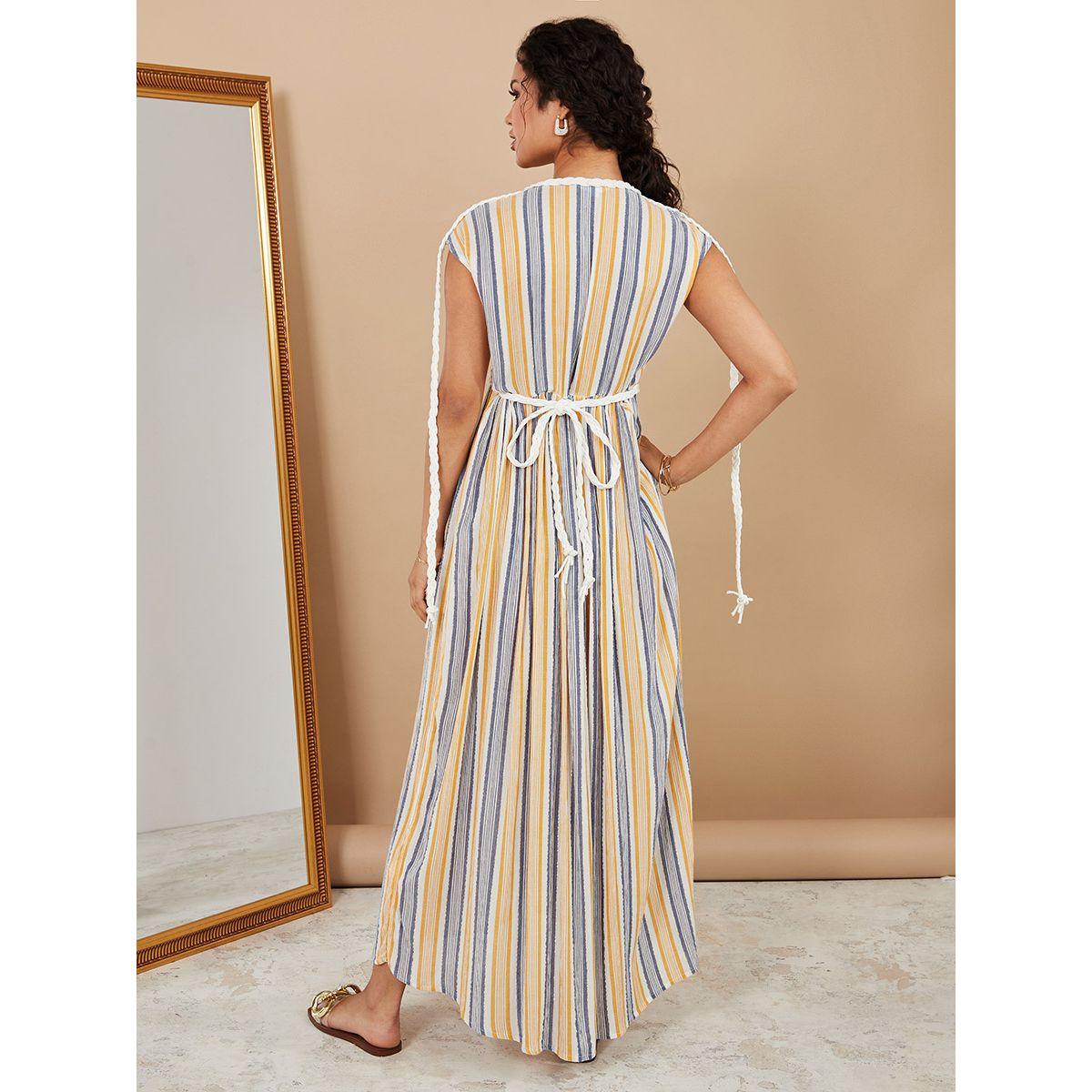 Styli Cap Sleeves Striped Braided Detail Maxi Dress with Tie Up-women-clothing-dresses-image-4