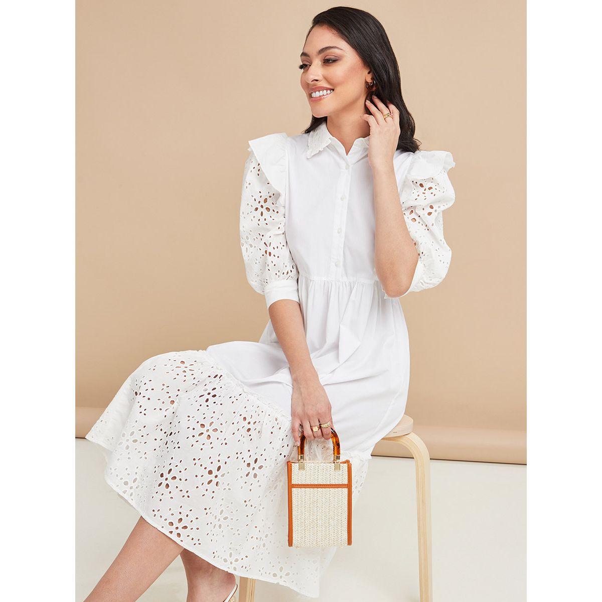 Styli Short Puff Sleeves Cotton Schiffli Tiered Midi Dress-women-clothing-dresses-image-1