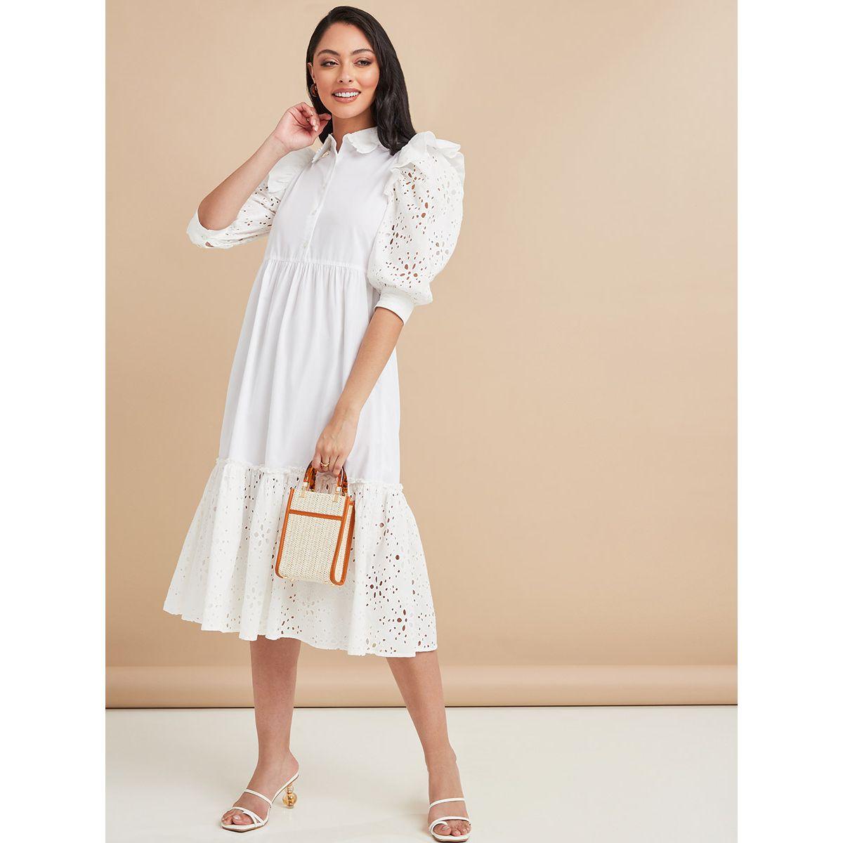 Styli Short Puff Sleeves Cotton Schiffli Tiered Midi Dress-women-clothing-dresses-image-2