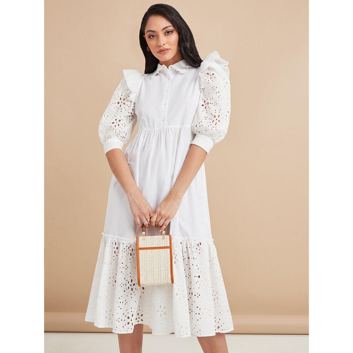 Styli Short Puff Sleeves Cotton Schiffli Tiered Midi Dress-women-clothing-dresses-image-3