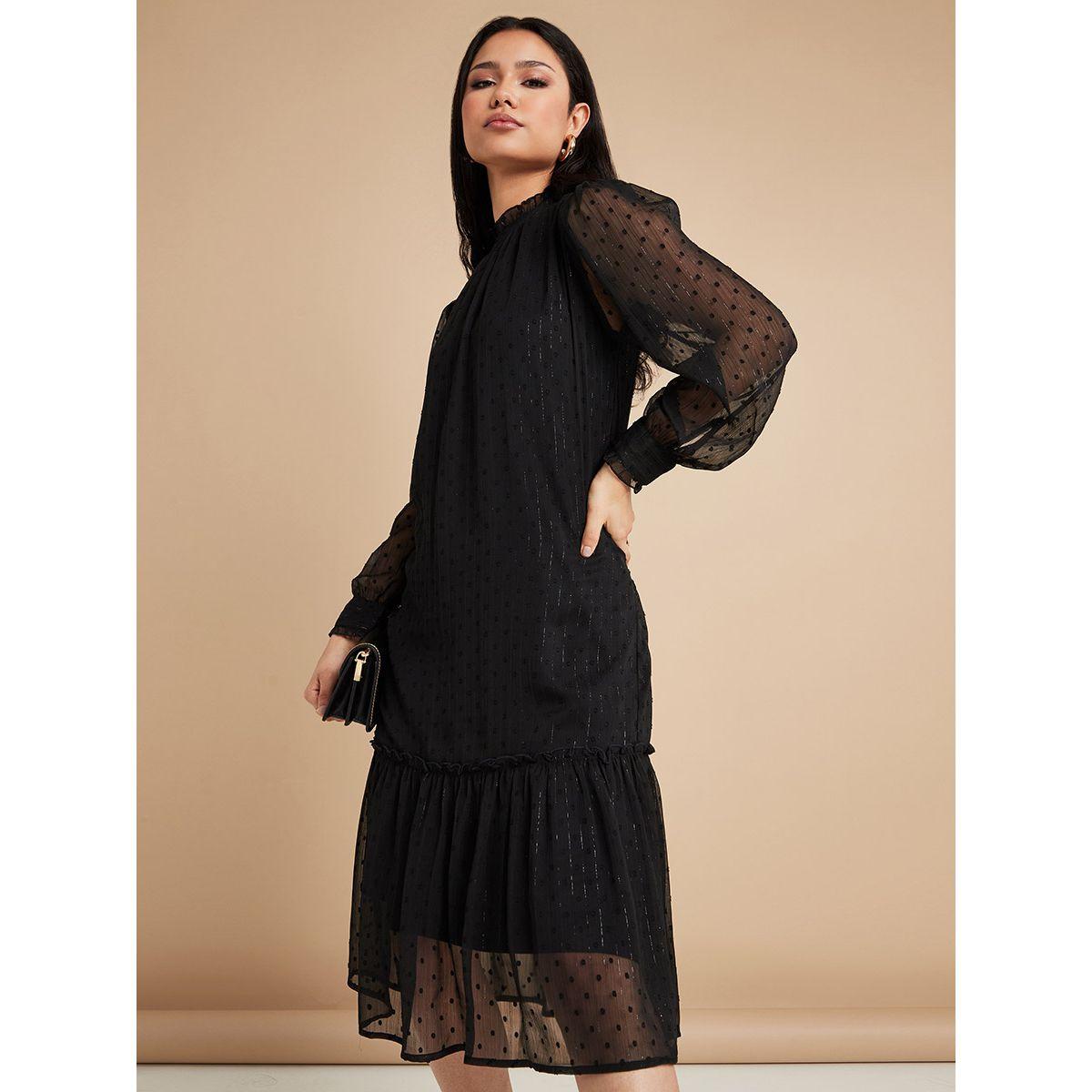 Styli Long Sleeves Dobby Spot Tiered Midi Dress with High Neck-women-clothing-dresses-image-1