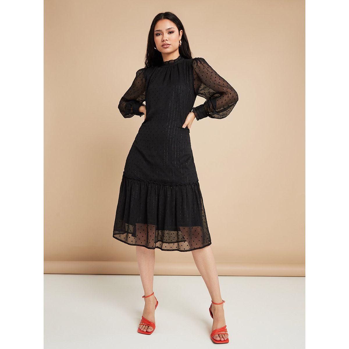 Styli Long Sleeves Dobby Spot Tiered Midi Dress with High Neck-women-clothing-dresses-image-2