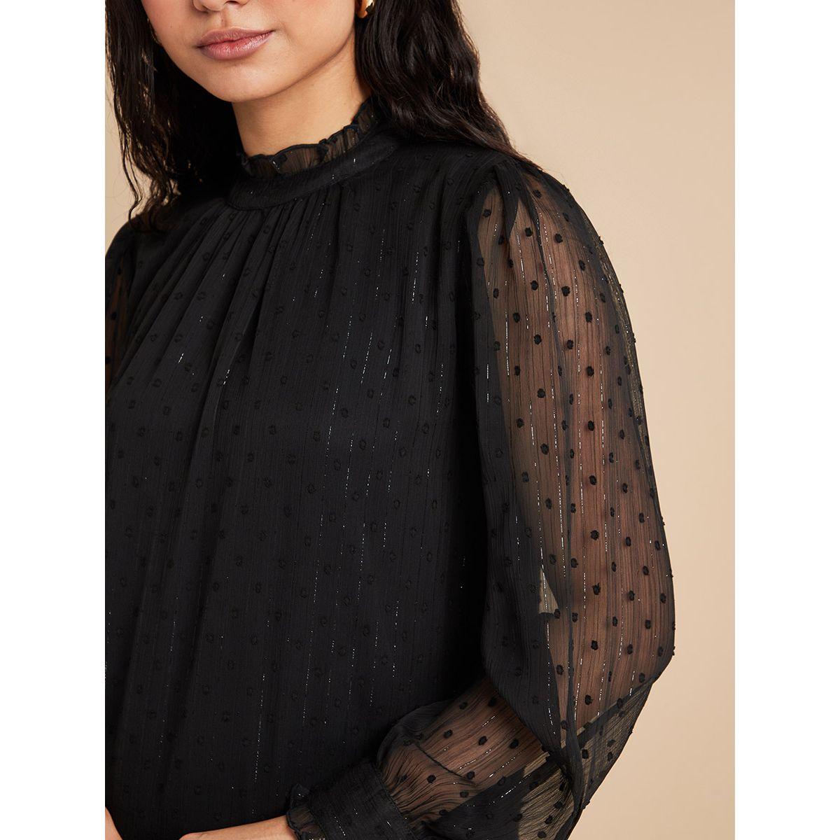 Styli Long Sleeves Dobby Spot Tiered Midi Dress with High Neck-women-clothing-dresses-image-3