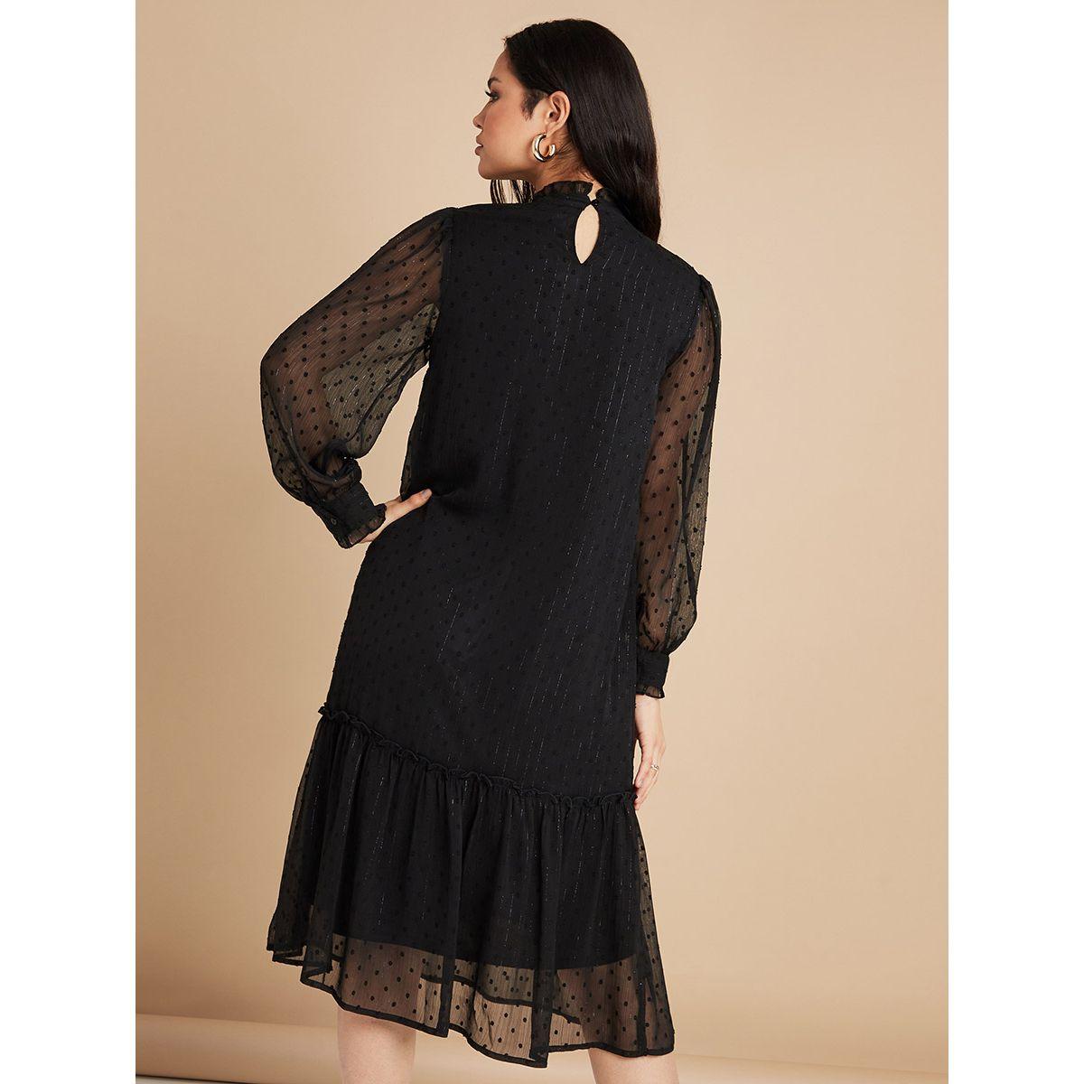 Styli Long Sleeves Dobby Spot Tiered Midi Dress with High Neck-women-clothing-dresses-image-4