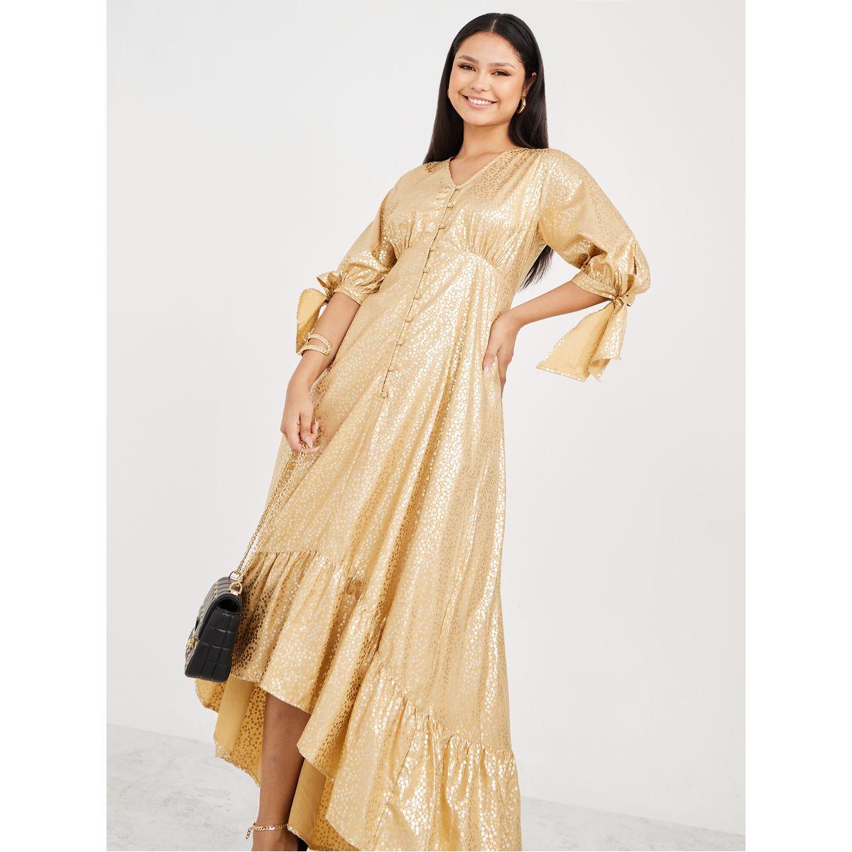 Styli 3/4 Sleeves V Neck Self Design A-Line Maxi Dress-women-clothing-dresses-image-1