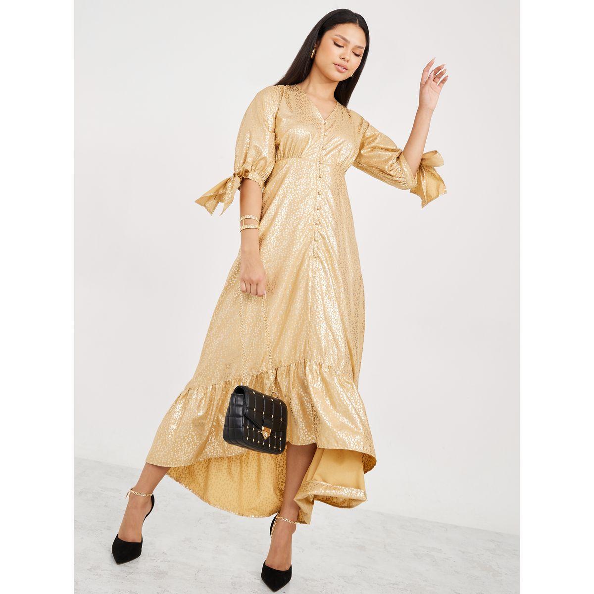 Styli 3/4 Sleeves V Neck Self Design A-Line Maxi Dress-women-clothing-dresses-image-2
