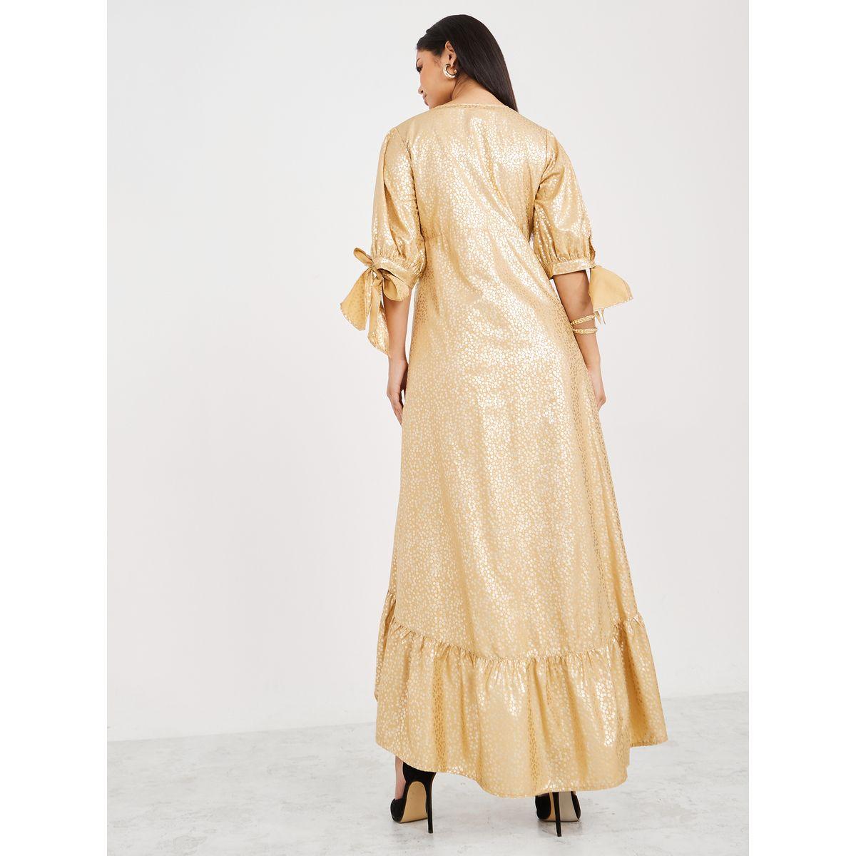 Styli 3/4 Sleeves V Neck Self Design A-Line Maxi Dress-women-clothing-dresses-image-4