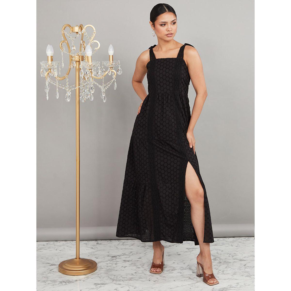 Styli Tie Strap Lace Overlay A-Line Maxi Dress with Slit Hem-women-clothing-dresses-image-1