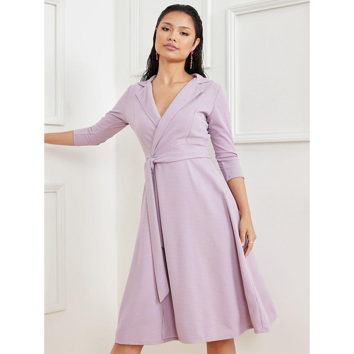 Styli 3/4 Sleeves Wrap Front Blazer Midi Dress with Tie Waist Detail-women-clothing-dresses-image-2