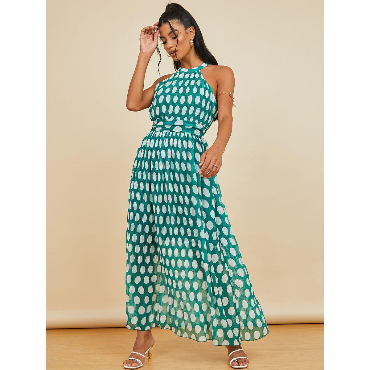Styli Halter Neck Polka Dot Pleated A-Line Maxi Dress-women-clothing-dresses-image-1