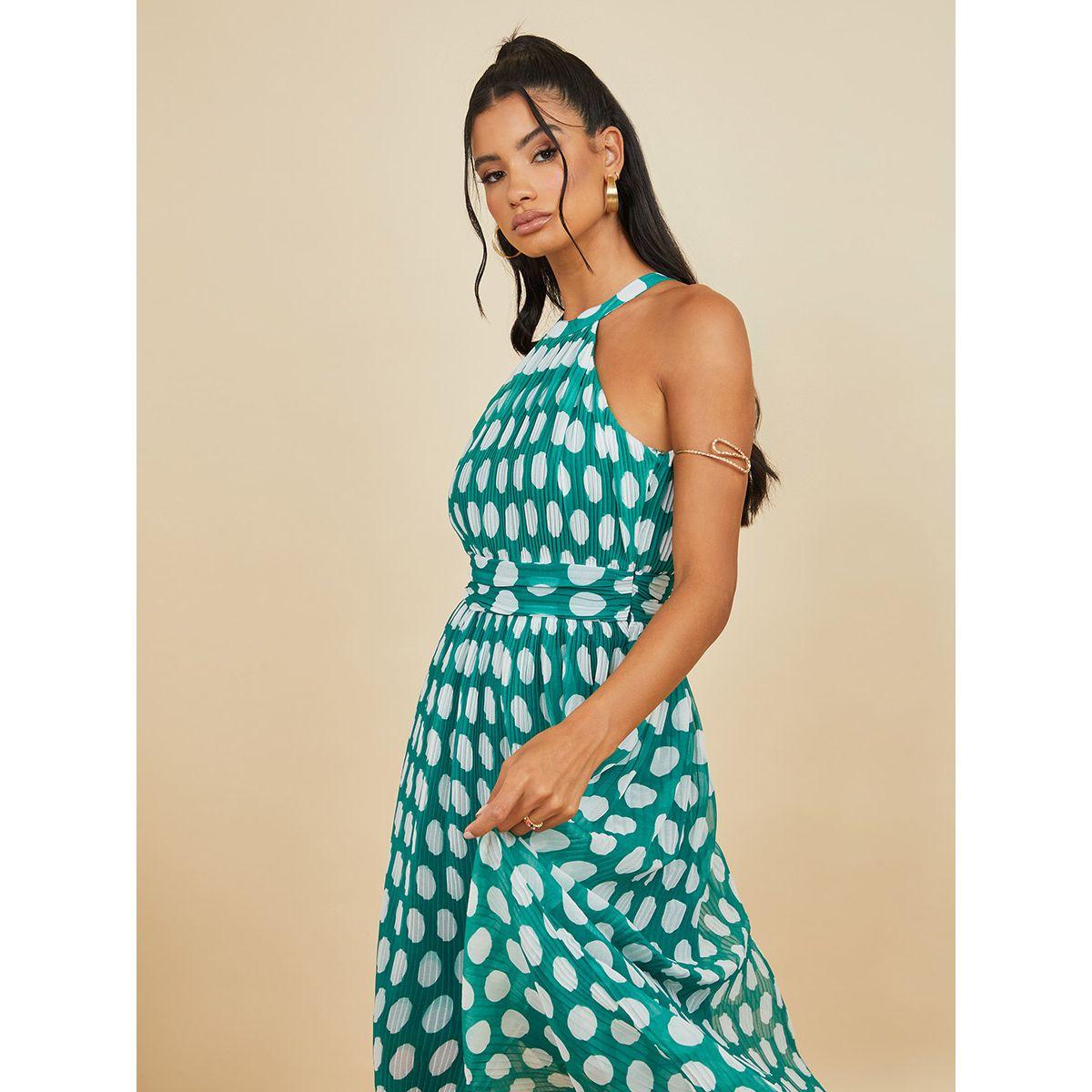 Styli Halter Neck Polka Dot Pleated A-Line Maxi Dress-women-clothing-dresses-image-2