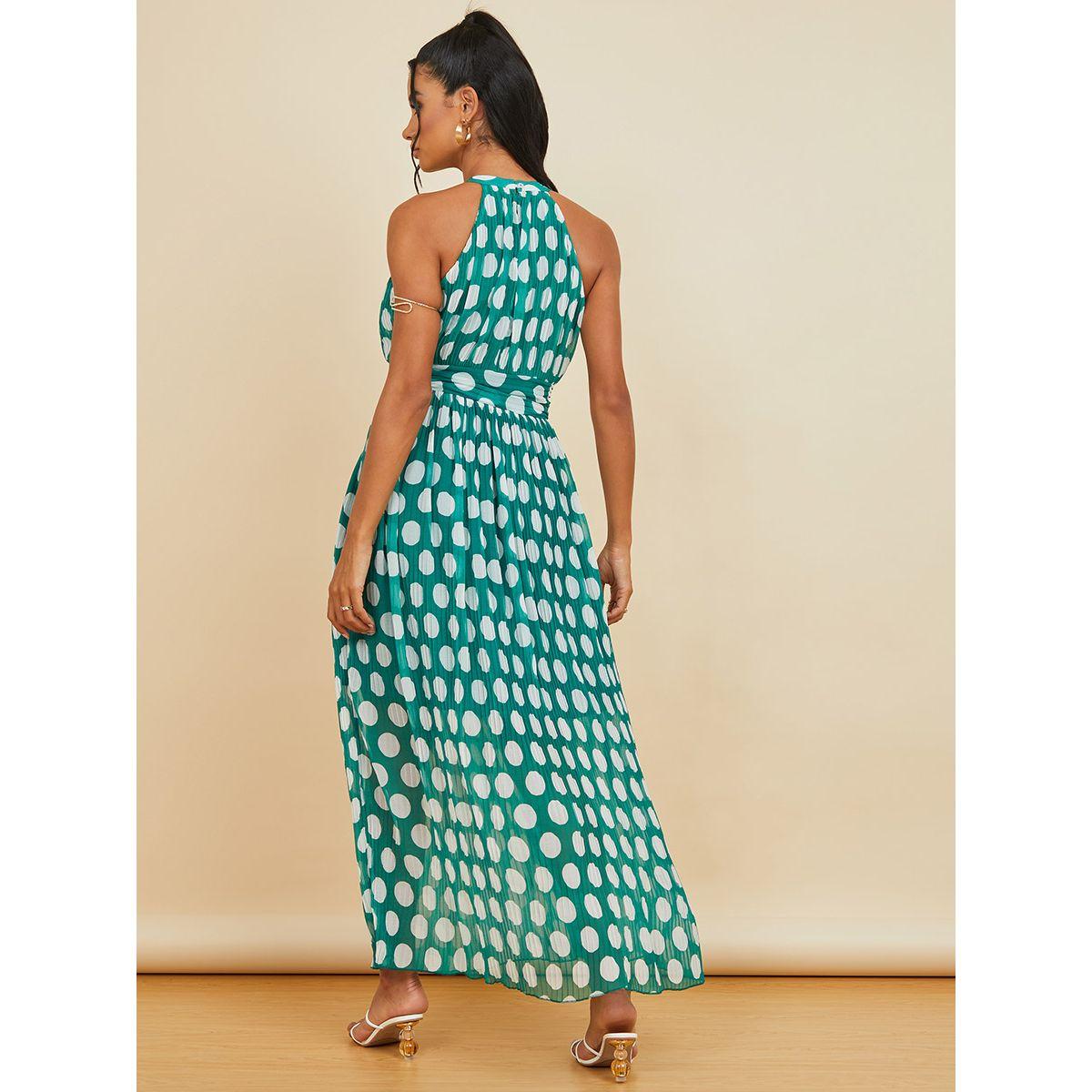 Styli Halter Neck Polka Dot Pleated A-Line Maxi Dress-women-clothing-dresses-image-4