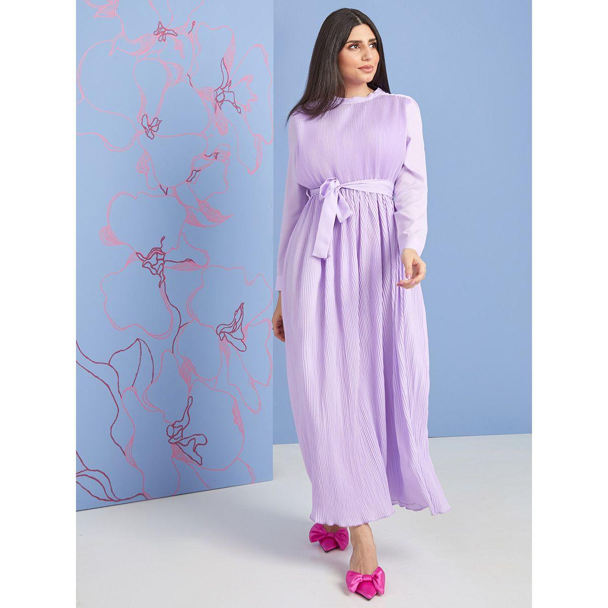 Styli Long Sleeves High Neck Pleated A-Line Maxi Dress-women-clothing-dresses-image-1