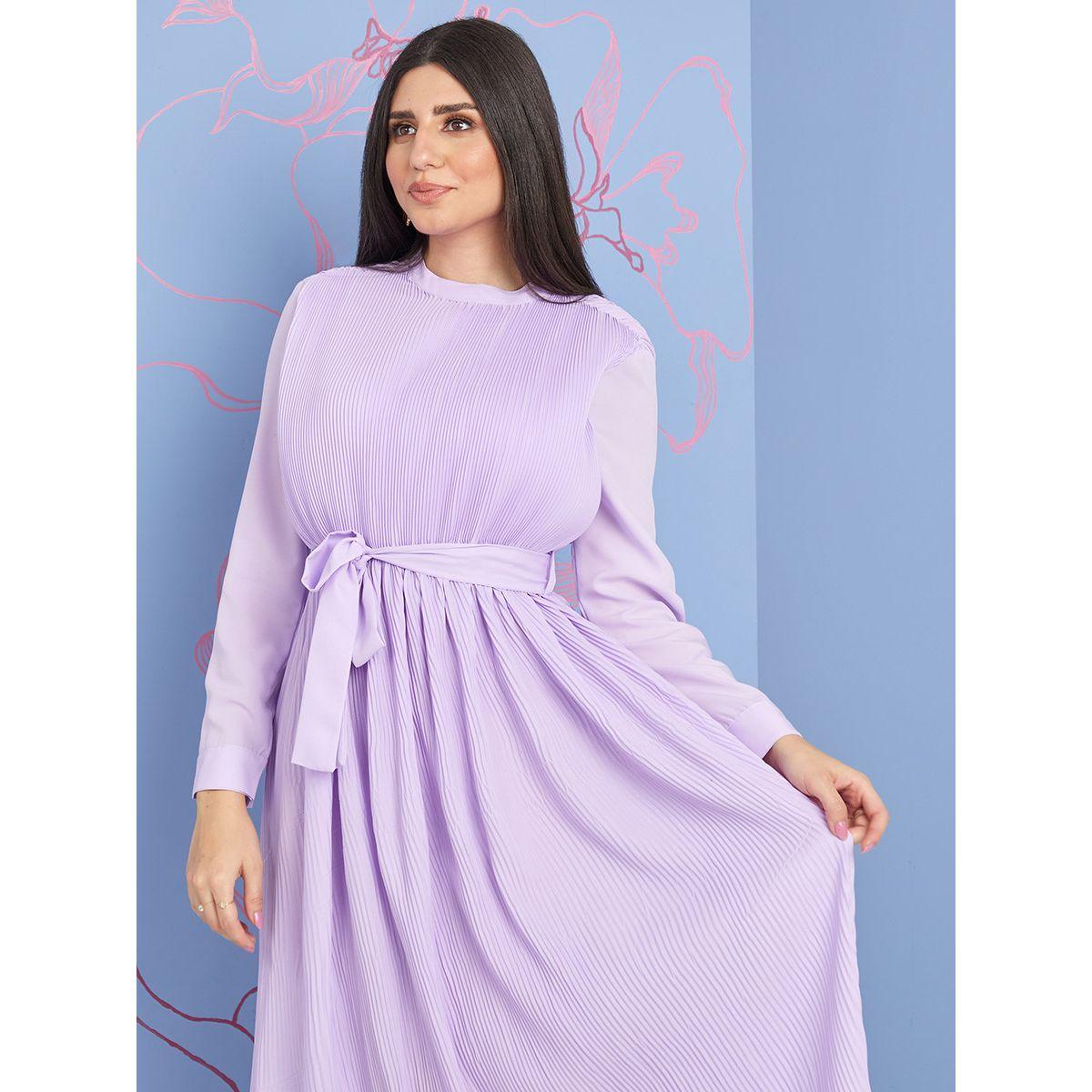 Styli Long Sleeves High Neck Pleated A-Line Maxi Dress-women-clothing-dresses-image-2