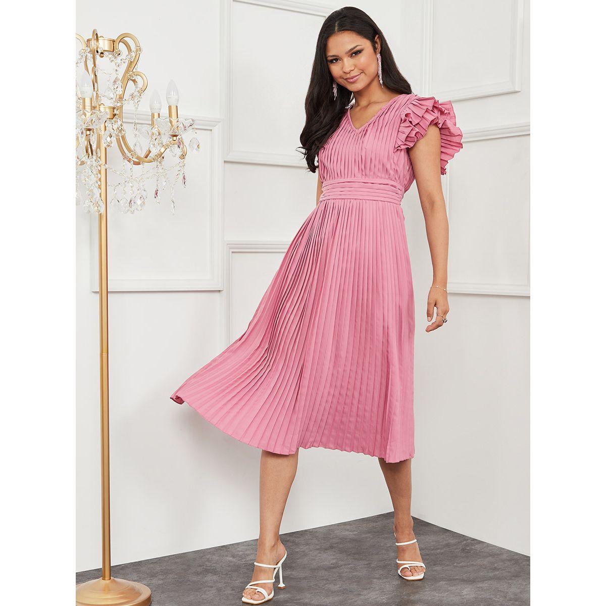 Styli Ruffle Sleeves Pleated A-Line Midi Dress with V Neck-women-clothing-dresses-image-1
