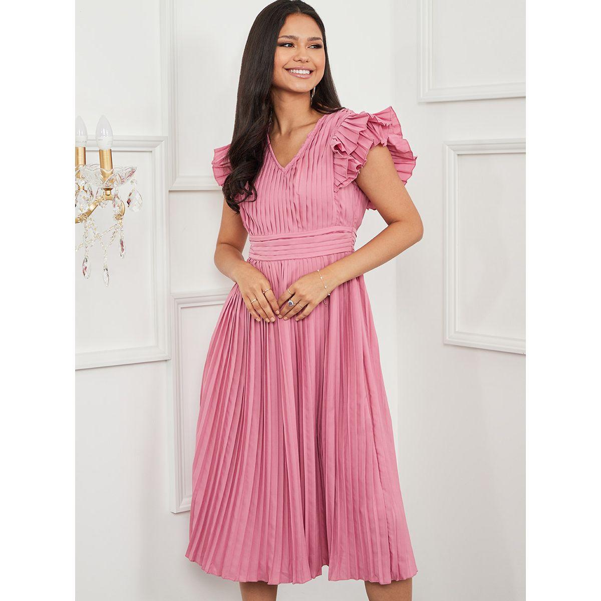 Styli Ruffle Sleeves Pleated A-Line Midi Dress with V Neck-women-clothing-dresses-image-2