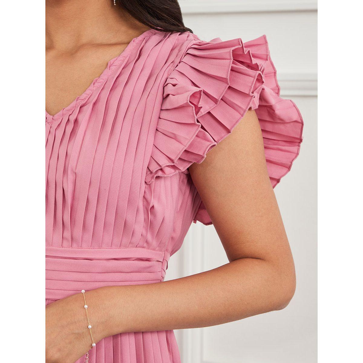 Styli Ruffle Sleeves Pleated A-Line Midi Dress with V Neck-women-clothing-dresses-image-3