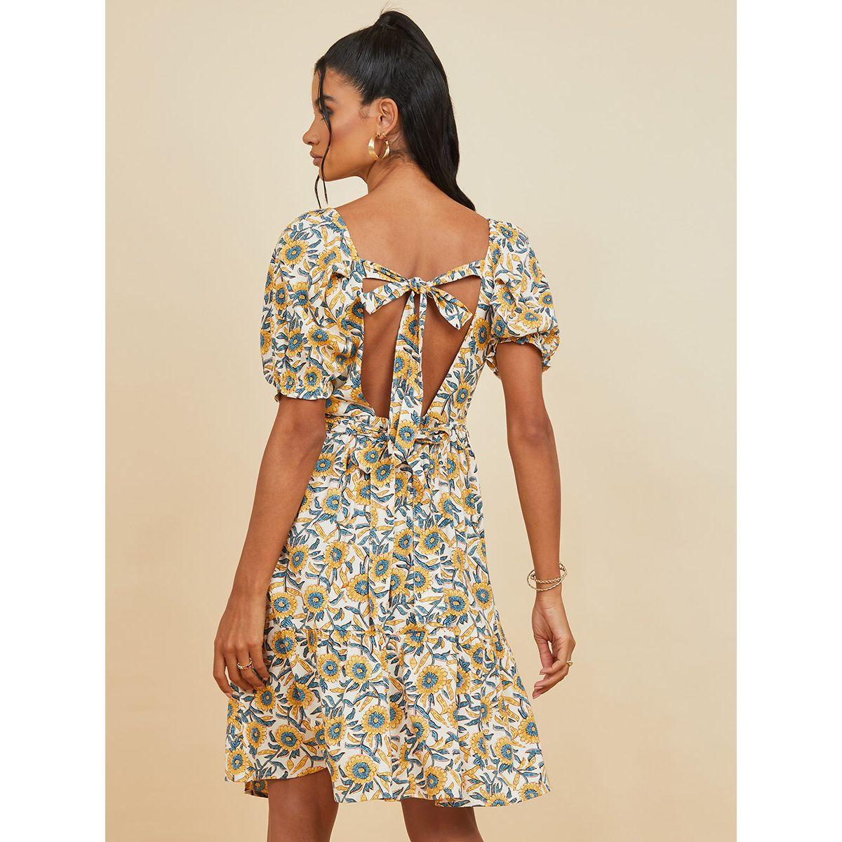 Styli Short Cuffed Sleeves Back Tie-Up Detail Knee Length Dress-women-clothing-dresses-image-4