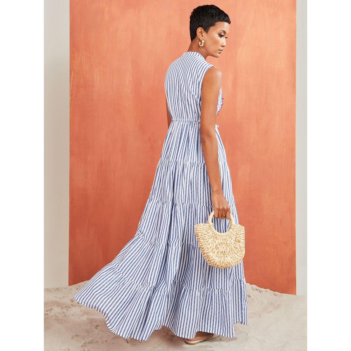 Styli Sleeveless Striped Cotton Tiered Maxi Dress with Embroidered Detail-women-clothing-dresses-image-4