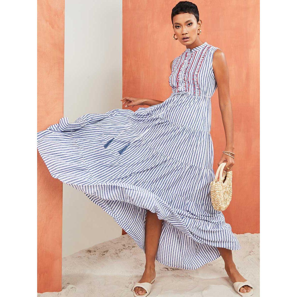 Styli Sleeveless Striped Cotton Tiered Maxi Dress with Embroidered Detail-women-clothing-dresses-image-5