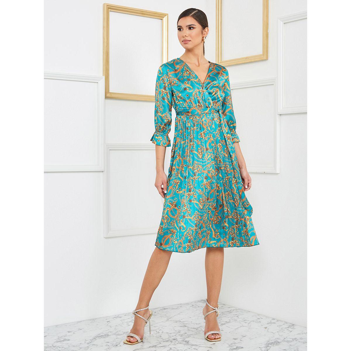 Styli 3/4 Sleeves V Neck Chain Print Wrap Midi Dress-women-clothing-dresses-image-2