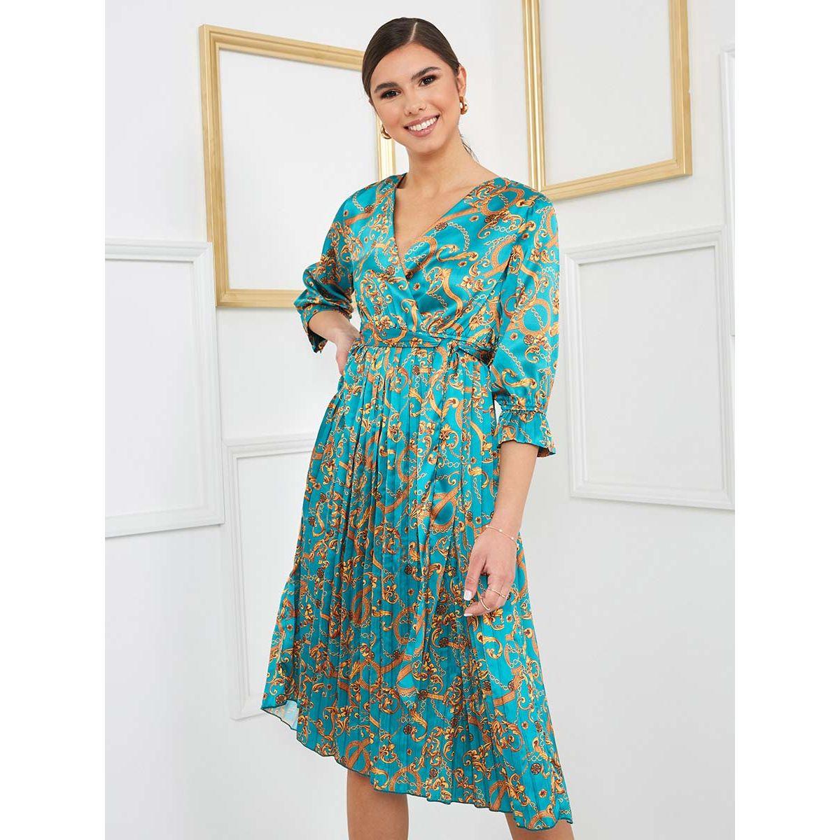Styli 3/4 Sleeves V Neck Chain Print Wrap Midi Dress-women-clothing-dresses-image-3