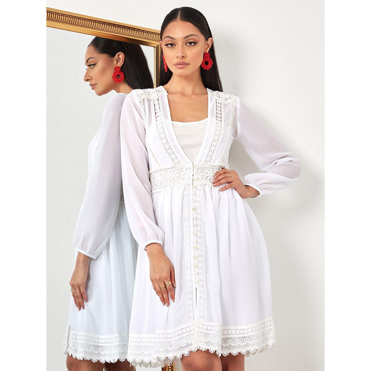 Styli Long Sleeves V Neck Lace Insert A-Line Knee Length Dress-women-clothing-dresses-image-2