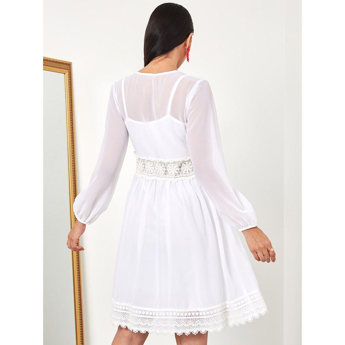 Styli Long Sleeves V Neck Lace Insert A-Line Knee Length Dress-women-clothing-dresses-image-4