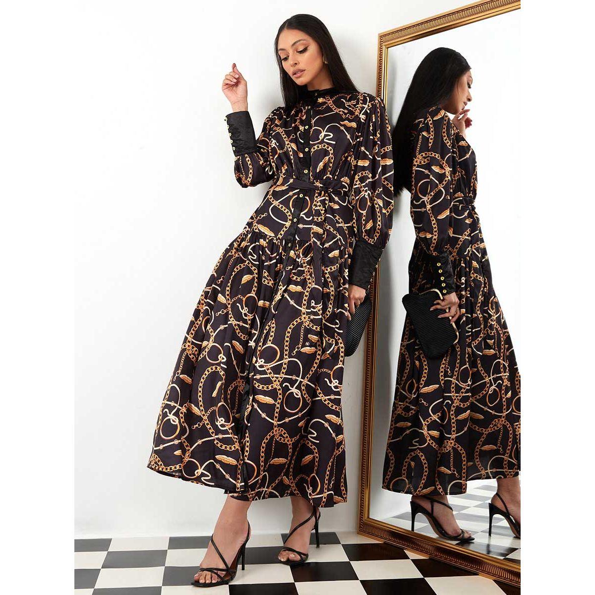 Buy Women s Styli Long Sleeves High Neck Chain Print A Line Maxi