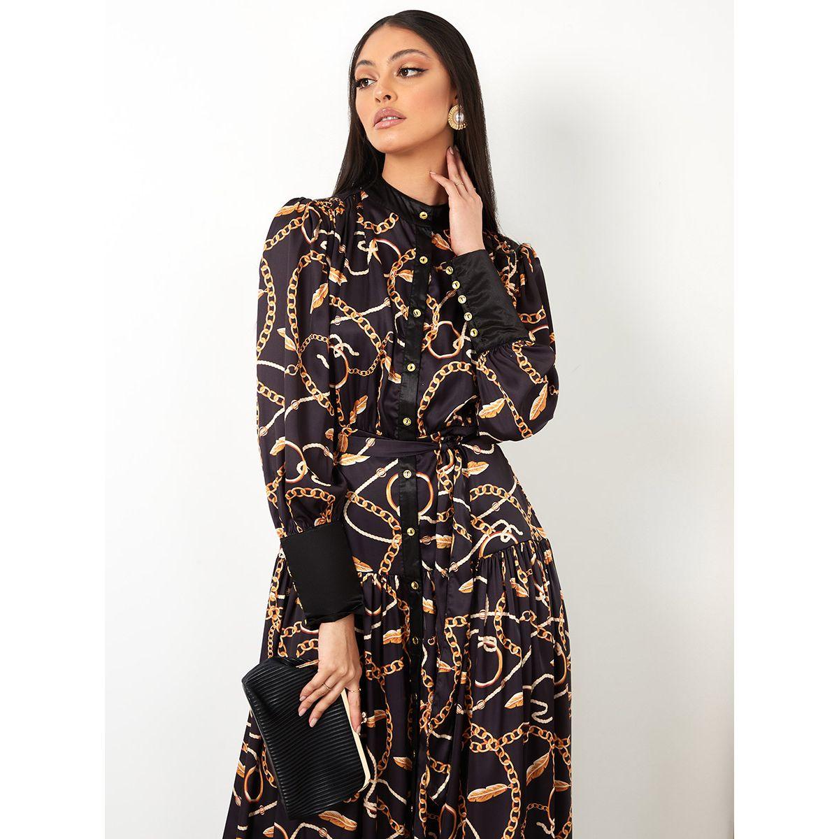 Styli Long Sleeves High Neck Chain Print A-Line Maxi Dress-women-clothing-dresses-image-2