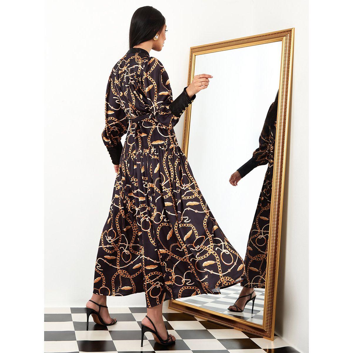 Styli Long Sleeves High Neck Chain Print A-Line Maxi Dress-women-clothing-dresses-image-4