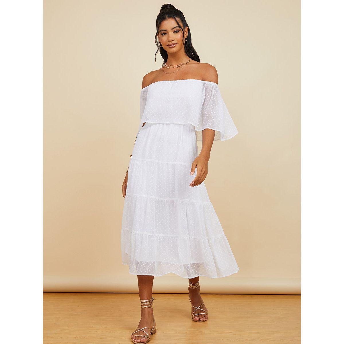 Styli Off Shoulder Dobby Spot Tiered Midi Dress-women-clothing-dresses-image-1