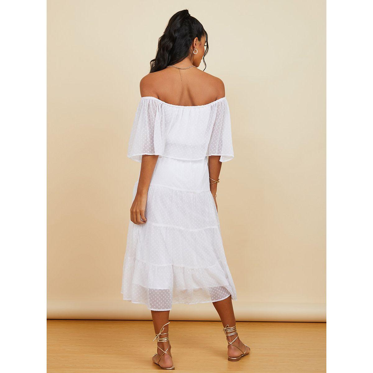 Styli Off Shoulder Dobby Spot Tiered Midi Dress-women-clothing-dresses-image-5