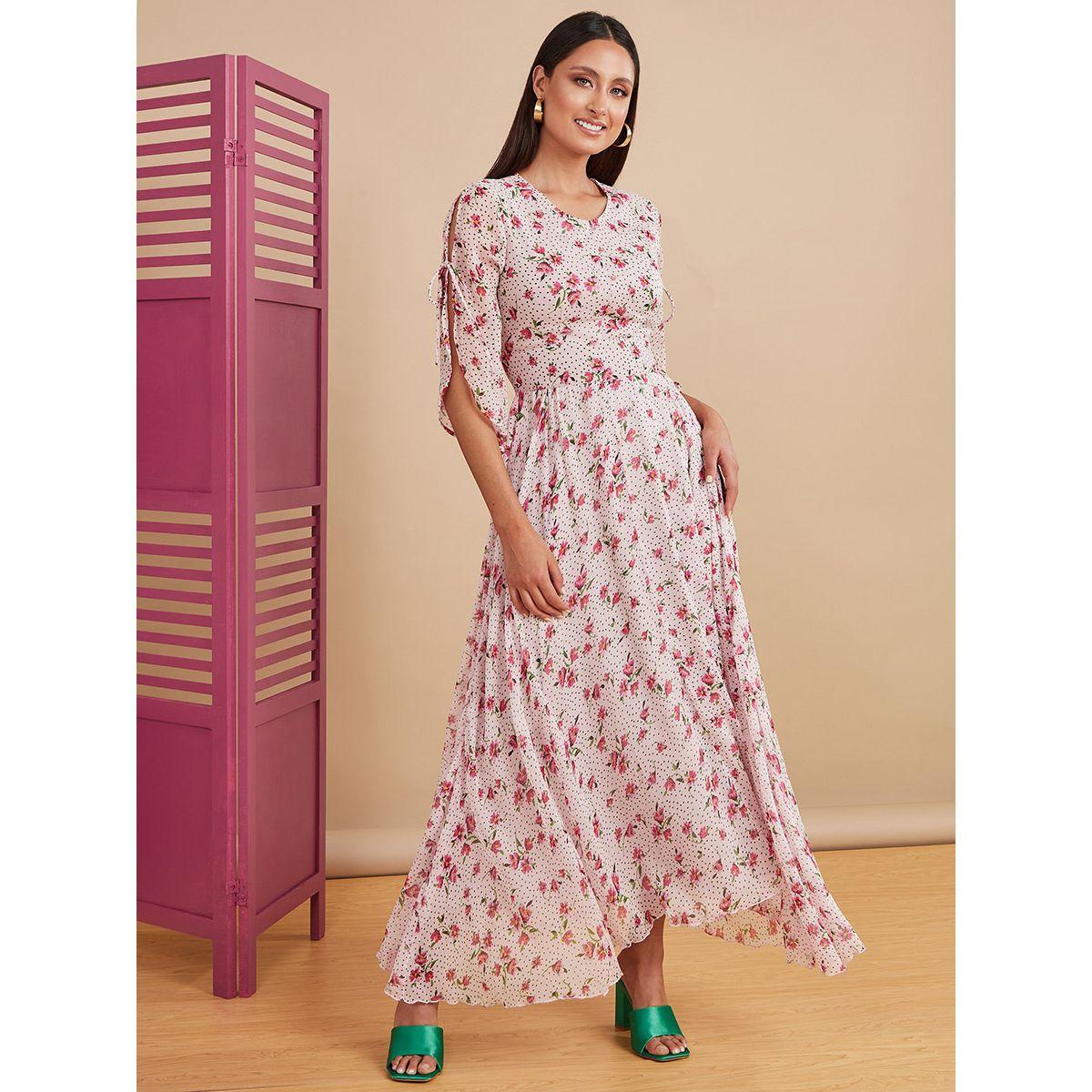 Styli Short Tie Sleeves Round Neck Floral Print A-line Maxi Dress-women-clothing-dresses-image-1