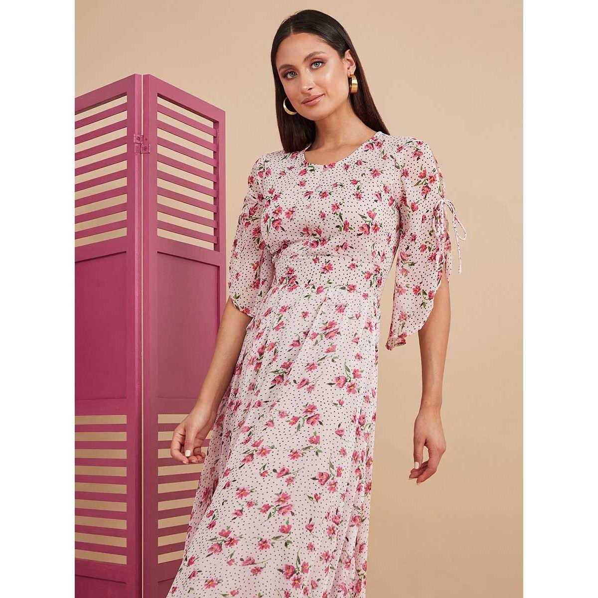 Styli Short Tie Sleeves Round Neck Floral Print A-line Maxi Dress-women-clothing-dresses-image-2
