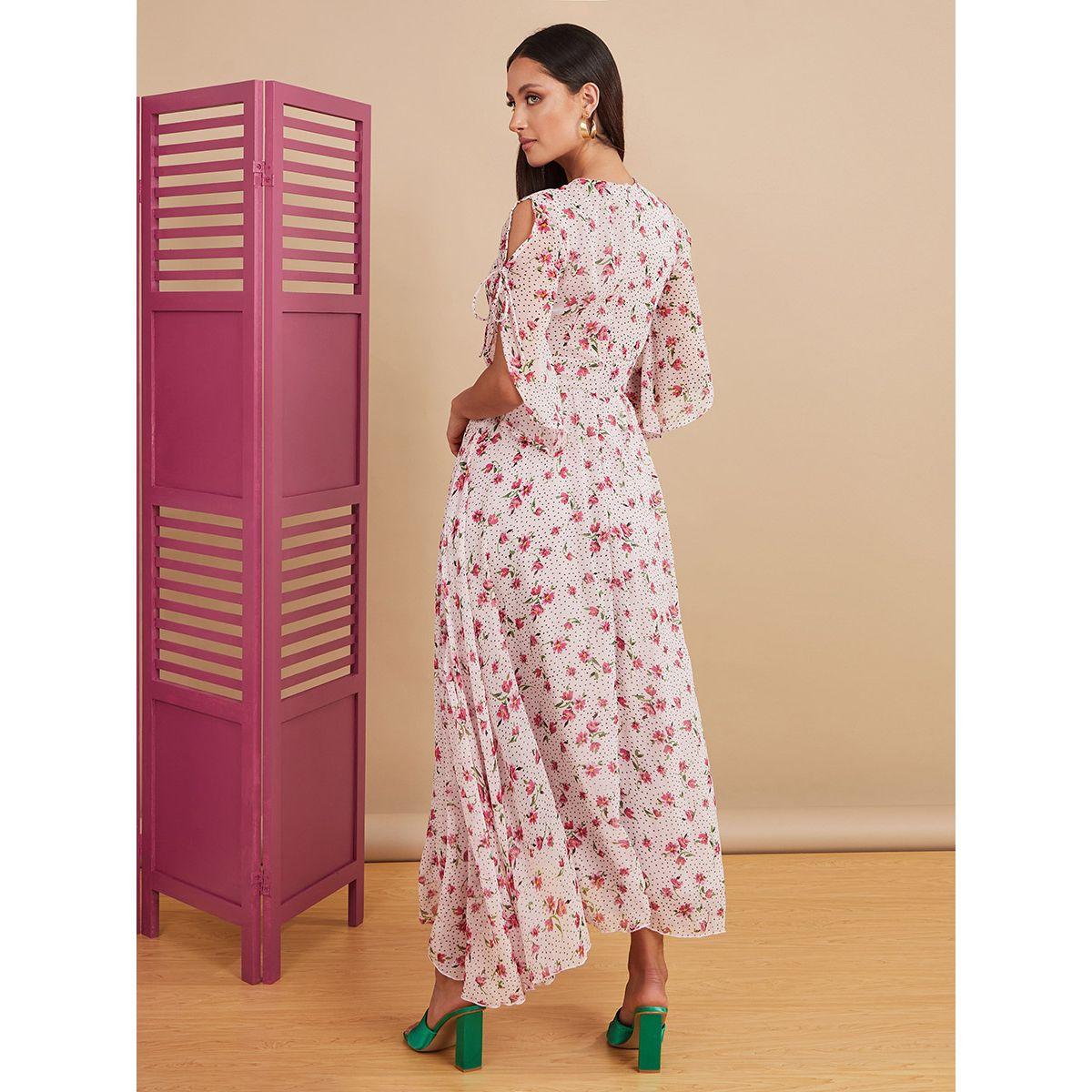 Styli Short Tie Sleeves Round Neck Floral Print A-line Maxi Dress-women-clothing-dresses-image-4