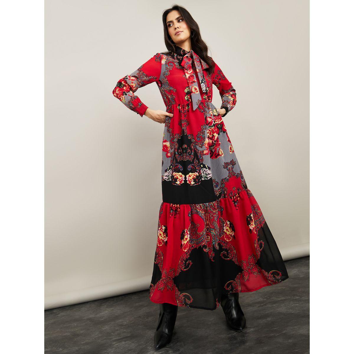 Styli Long Sleeves Pussybow Neck Printed A-Line Maxi Dress-women-clothing-dresses-image-2