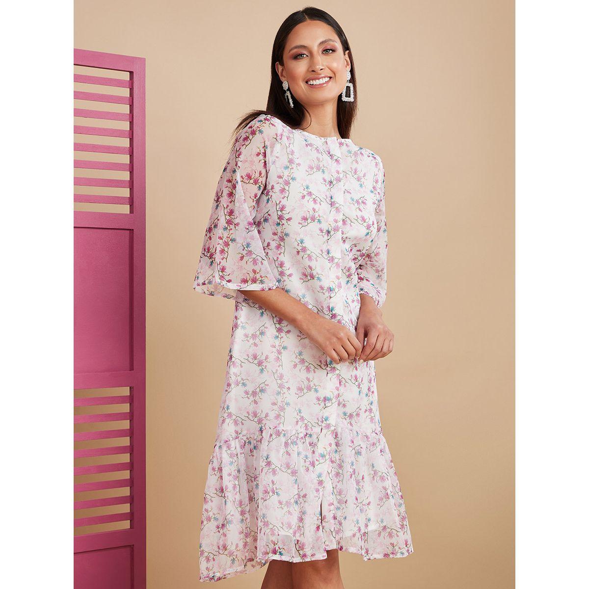 Styli 3/4 Sleeves High Neck Floral Print A-Line Midi Dress-women-clothing-dresses-image-2