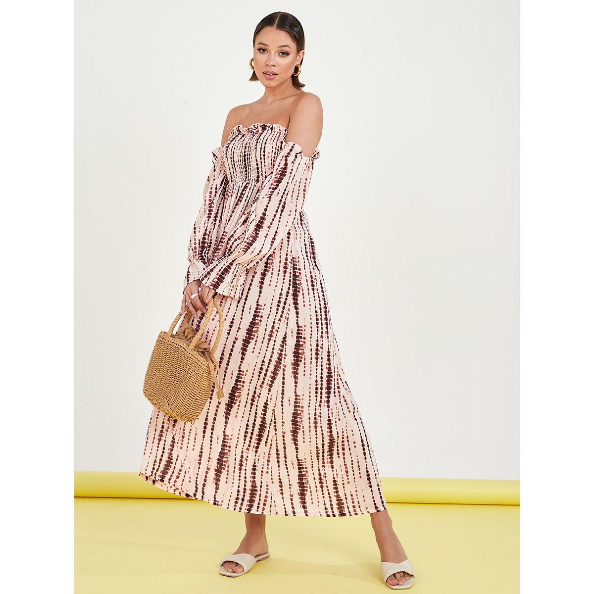 Styli Long Sleeves Off Shoulder Neck Smocked Detail Maxi Dress-women-clothing-dresses-image-1