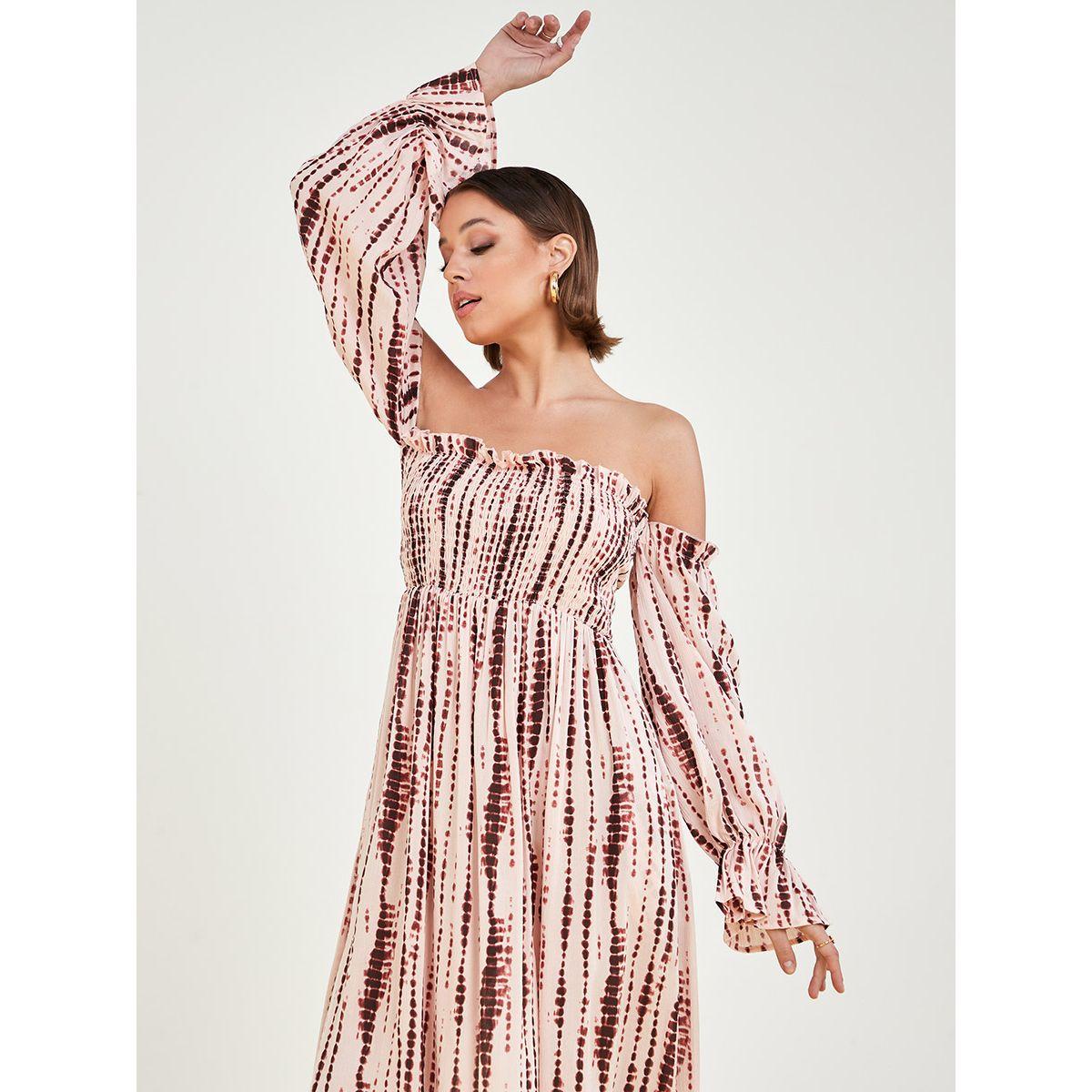 Styli Long Sleeves Off Shoulder Neck Smocked Detail Maxi Dress-women-clothing-dresses-image-2