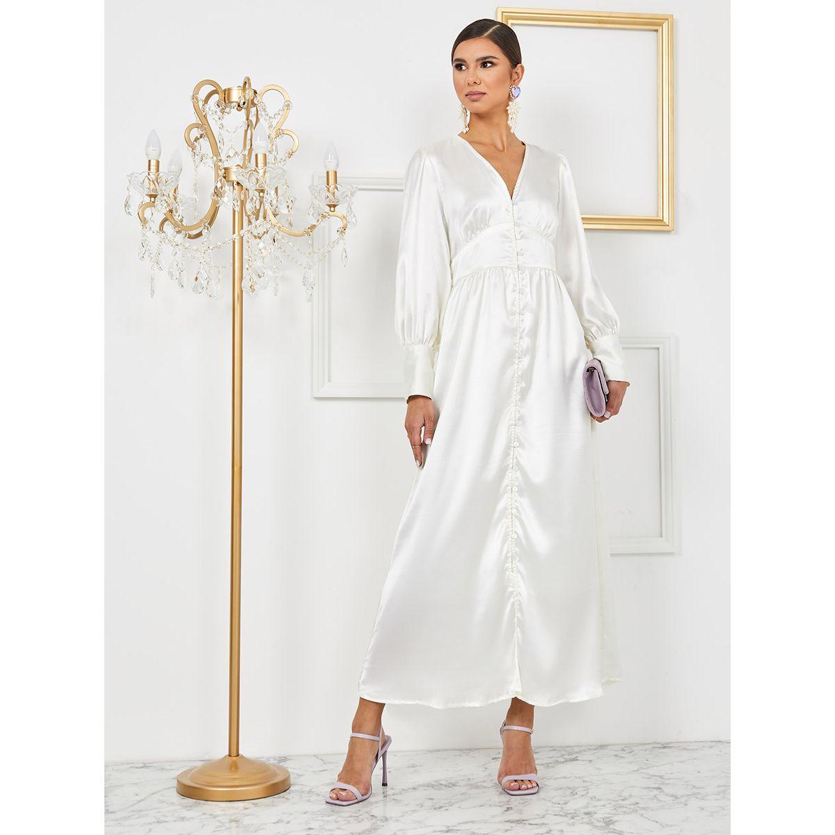 Styli Long Volume Sleeves V Neck Satin A-Line Maxi Dress-women-clothing-dresses-image-1