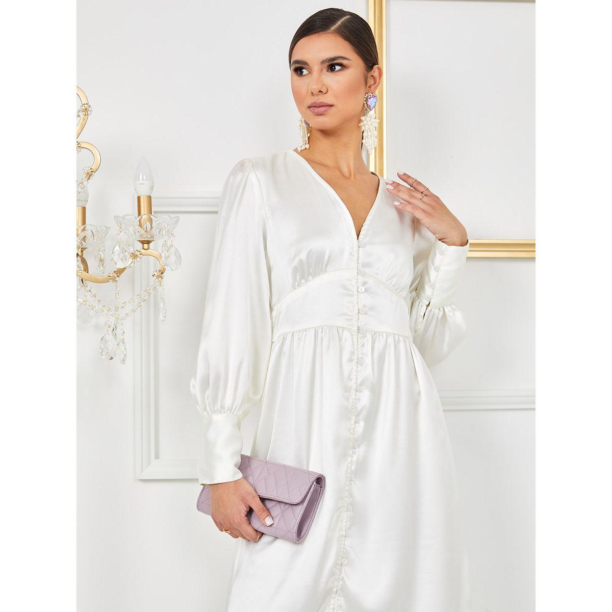 Styli Long Volume Sleeves V Neck Satin A-Line Maxi Dress-women-clothing-dresses-image-2