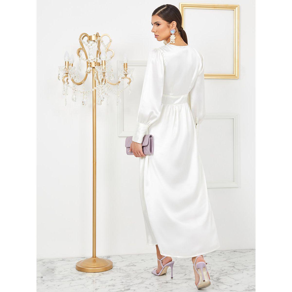 Styli Long Volume Sleeves V Neck Satin A-Line Maxi Dress-women-clothing-dresses-image-4