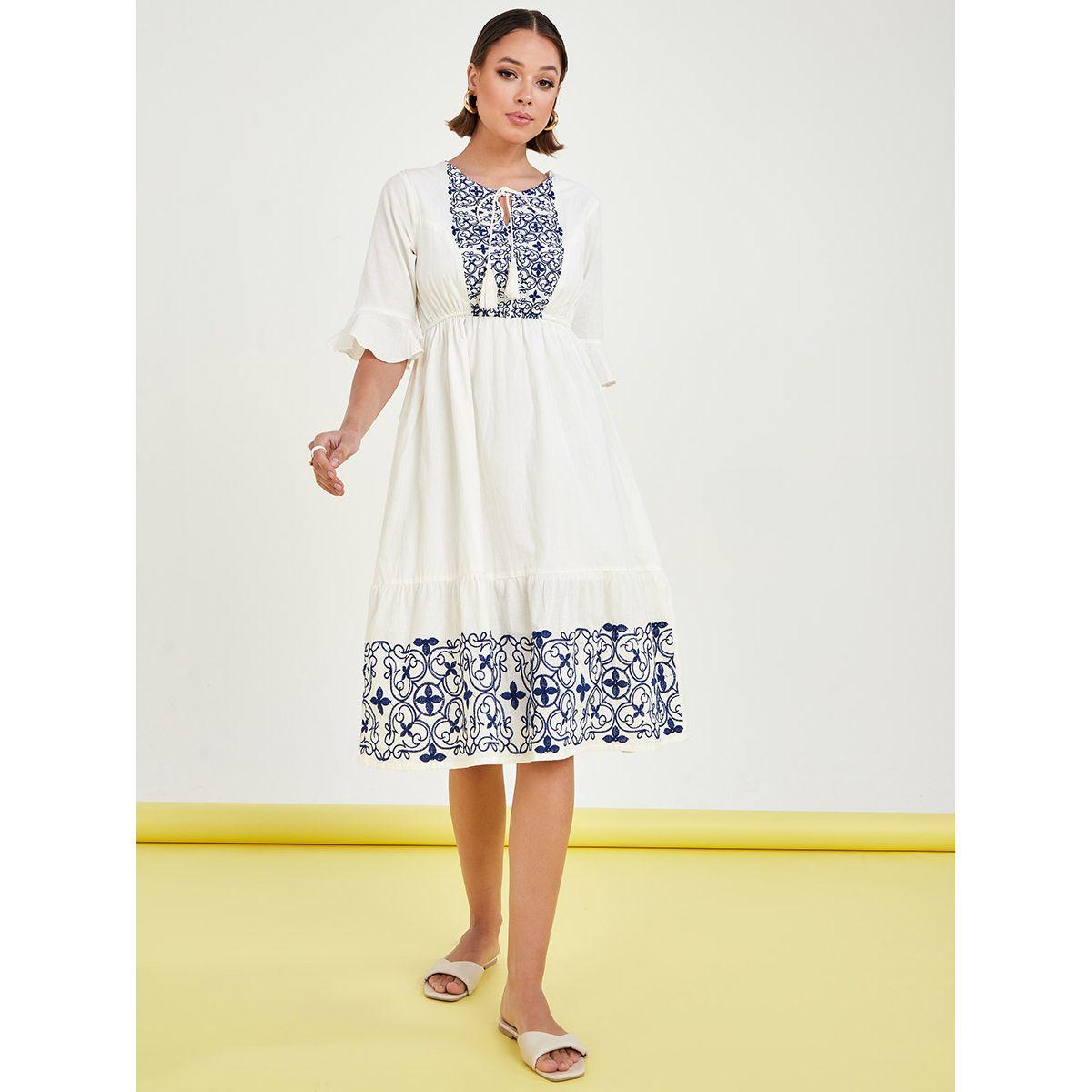 فستان ميدي مطرز مع اربطة من ستايلي-women-clothing-dresses-image-1
